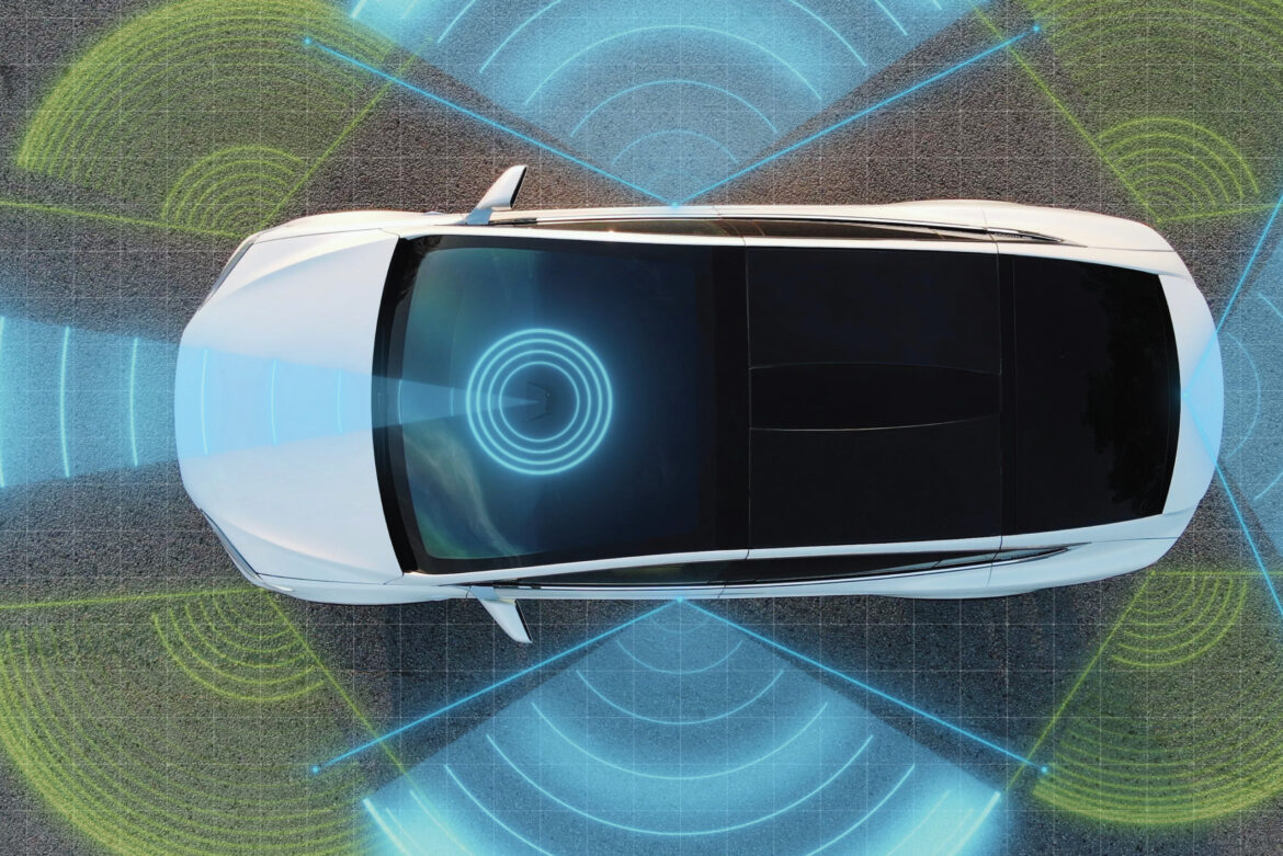 cars with 360 degree sensors around it representing smart cars with the latest technology in cars for safety