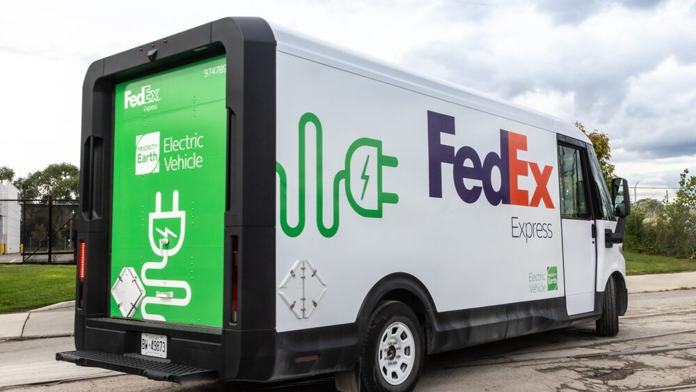 A FedEx General Motors CAMI Brightdrop Zevo electric vehicle delivery truck promoting the EV