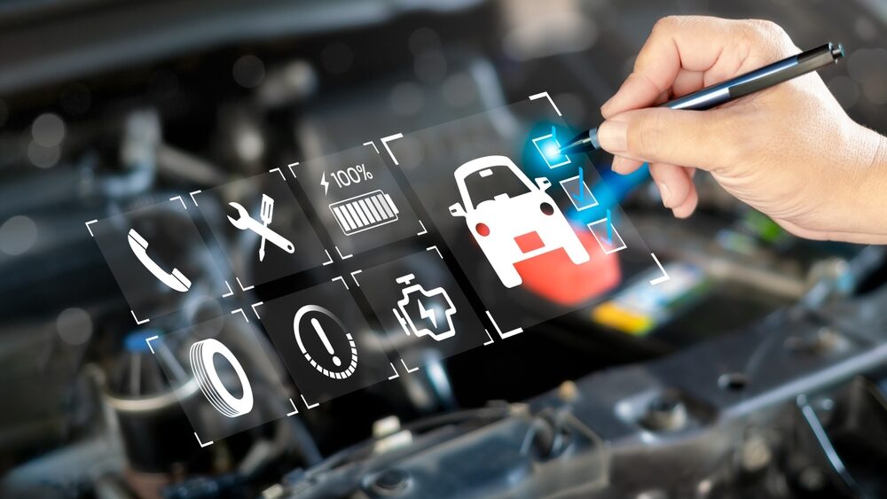 Close up of consumer hand checking the virtual feedback form and validating the safety measures of the vehicle