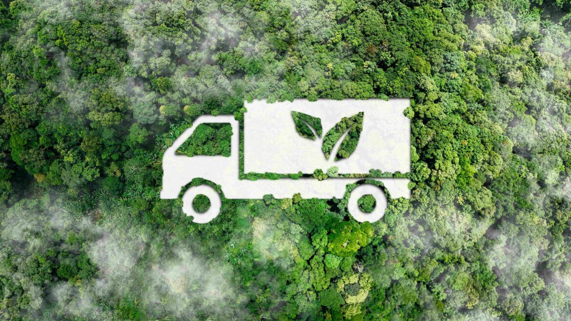 Green logistic or Sustainable transport truck representing the revolution of electric trucks in the market. Truck icon transport logistics travel with clean energy, eco friendly process on forest background to Net zero carbon emission