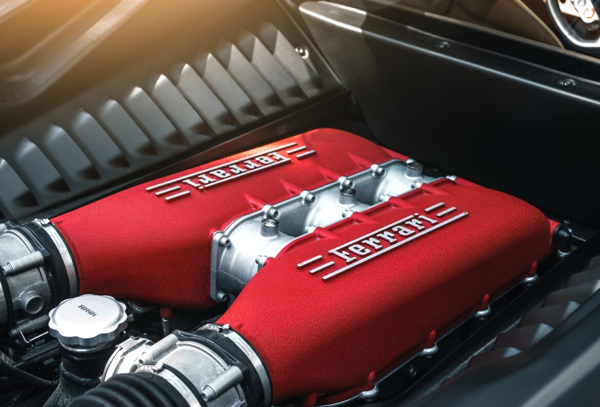 Close up of Ferrari's engine representing the exhaust system of the car